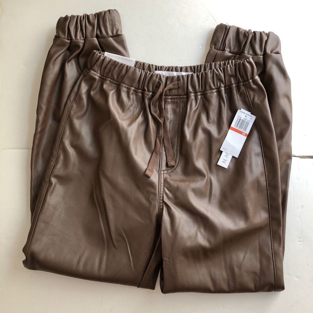 TINSELTOWN WOMEN'S SIZE XS HIGH RISE JOGGER BROWN FAUX LEATER PULLOVER